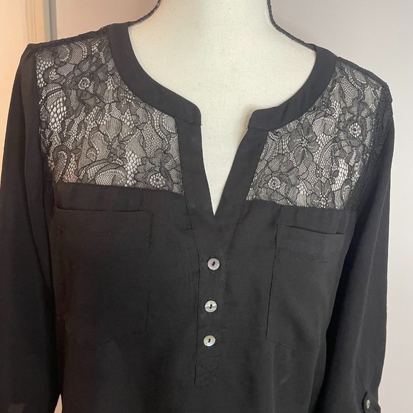 LADIES EXPRESS ELITE STRETCH BLACK AND LACE BLOUSE MEDIUM - Picture 3 of 11